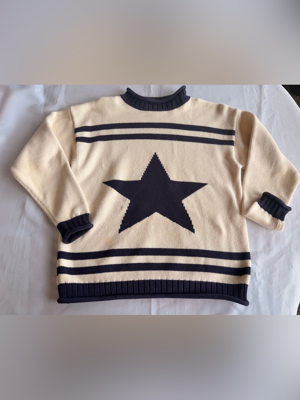 Vintage Bechamel Cream Sweater with Navy Star and Stripes Size Small